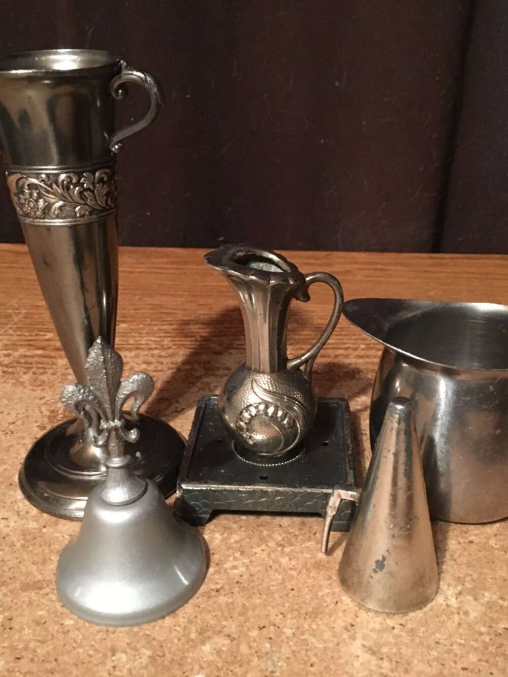 LOT OF 6 VINTAGE SILVER TONE VASE BELL MINI PITCHER CANDLE SNUFFER